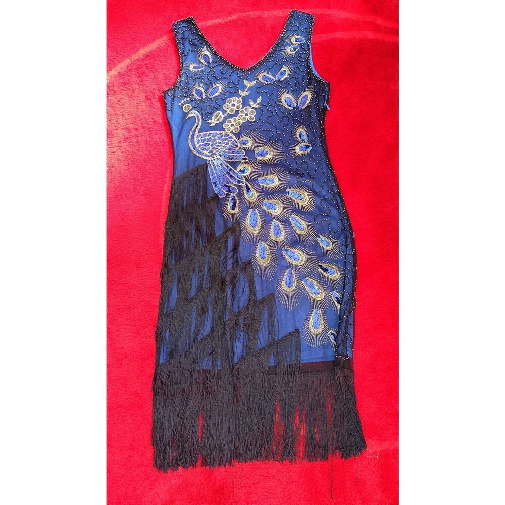 Peacock Sequins & Fringe Flapper Style Dress Size 8